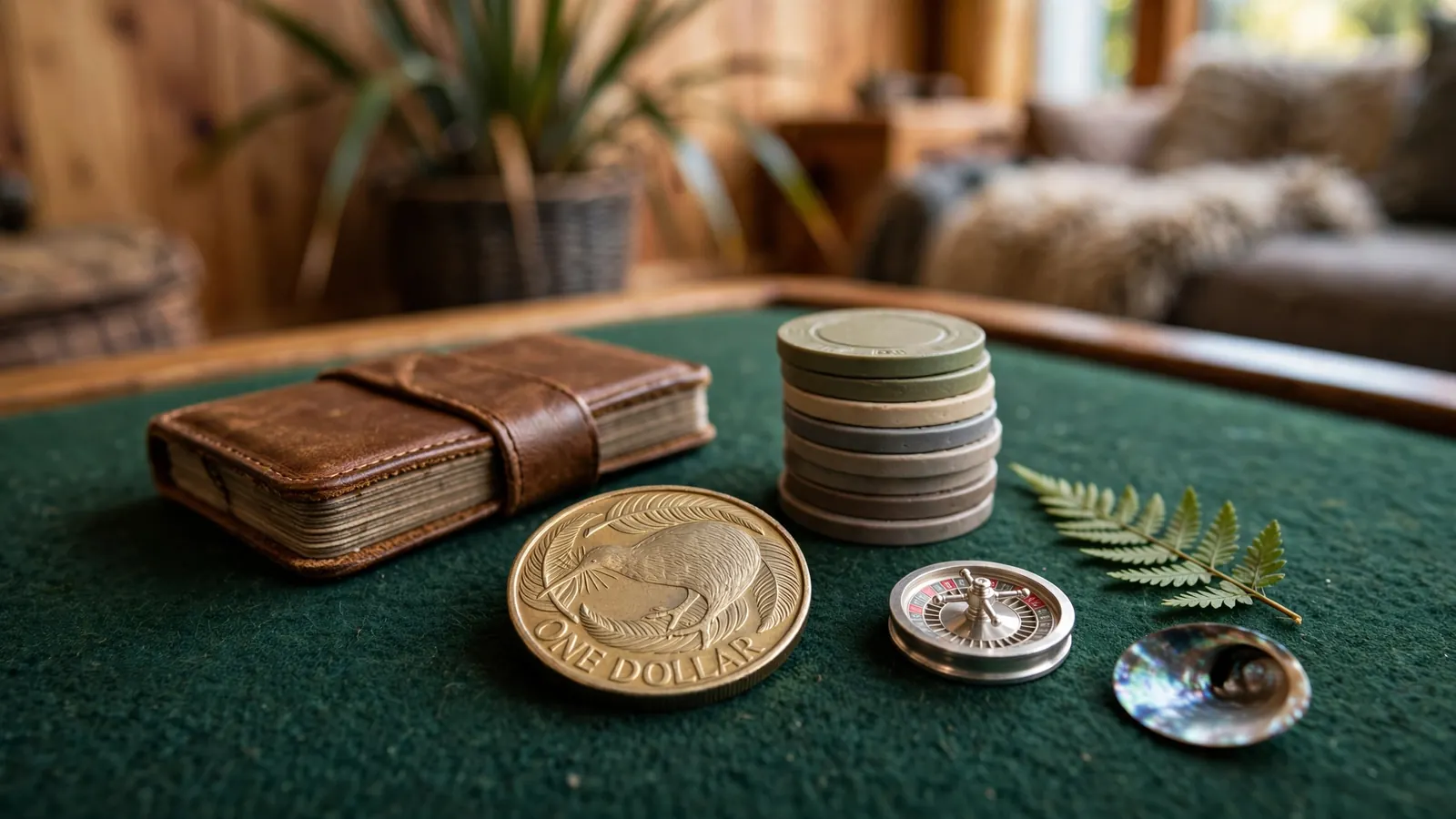 NZ$1 coin on casino table with chips and roulette