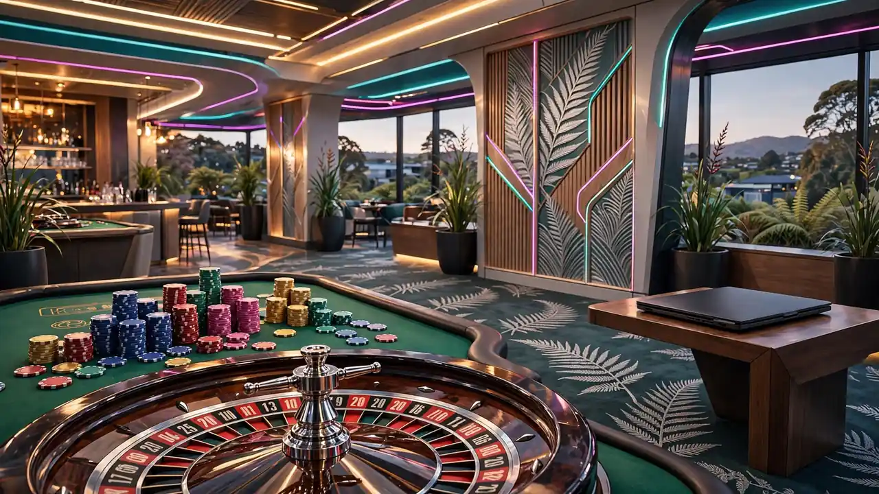 Stylized New Zealand casino interior with roulette wheel and colorful chips on a green felt table