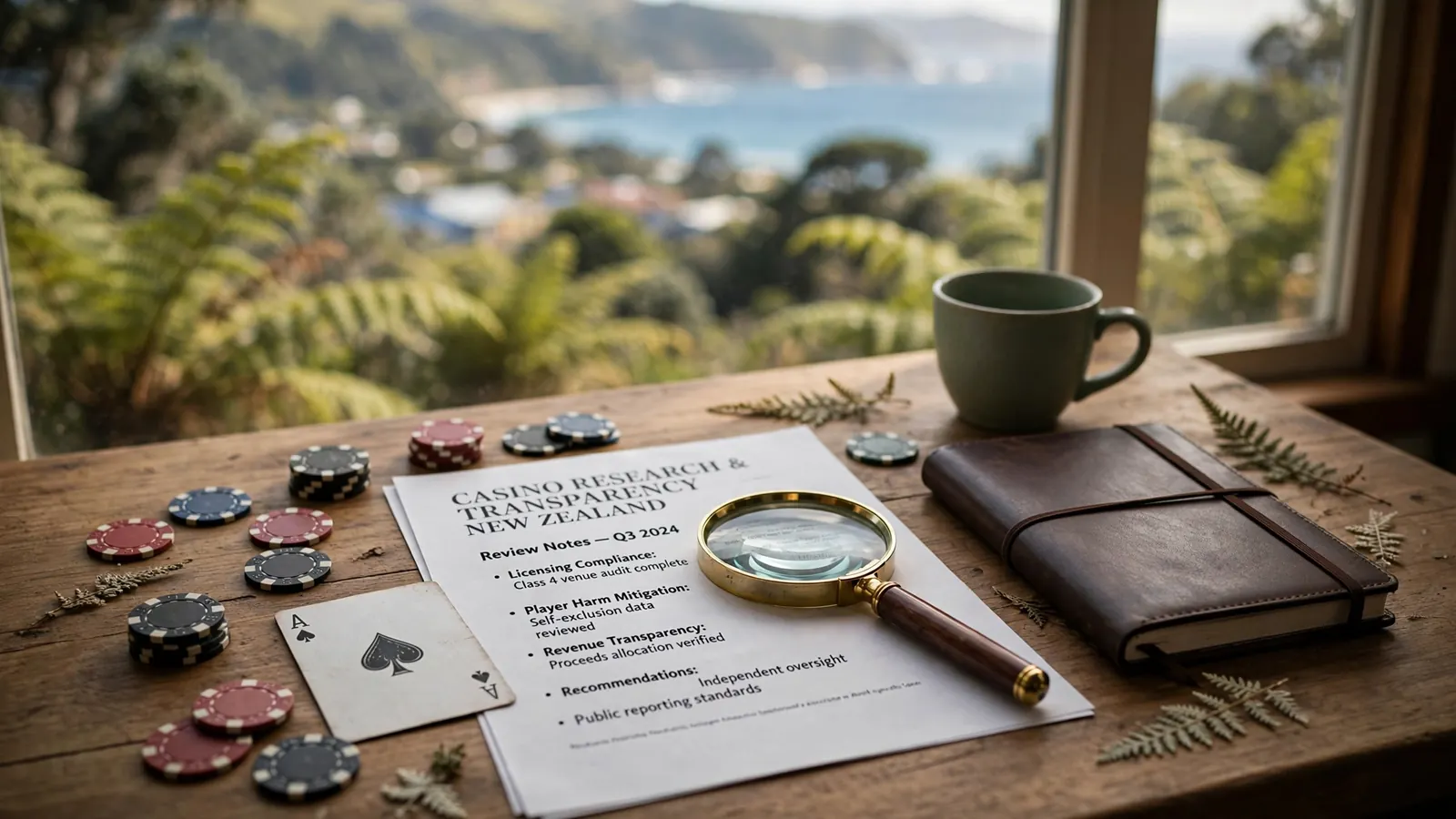 Editorial desk with casino chips, playing card, magnifying glass, and review notes by a window overlooking New Zealand nature.