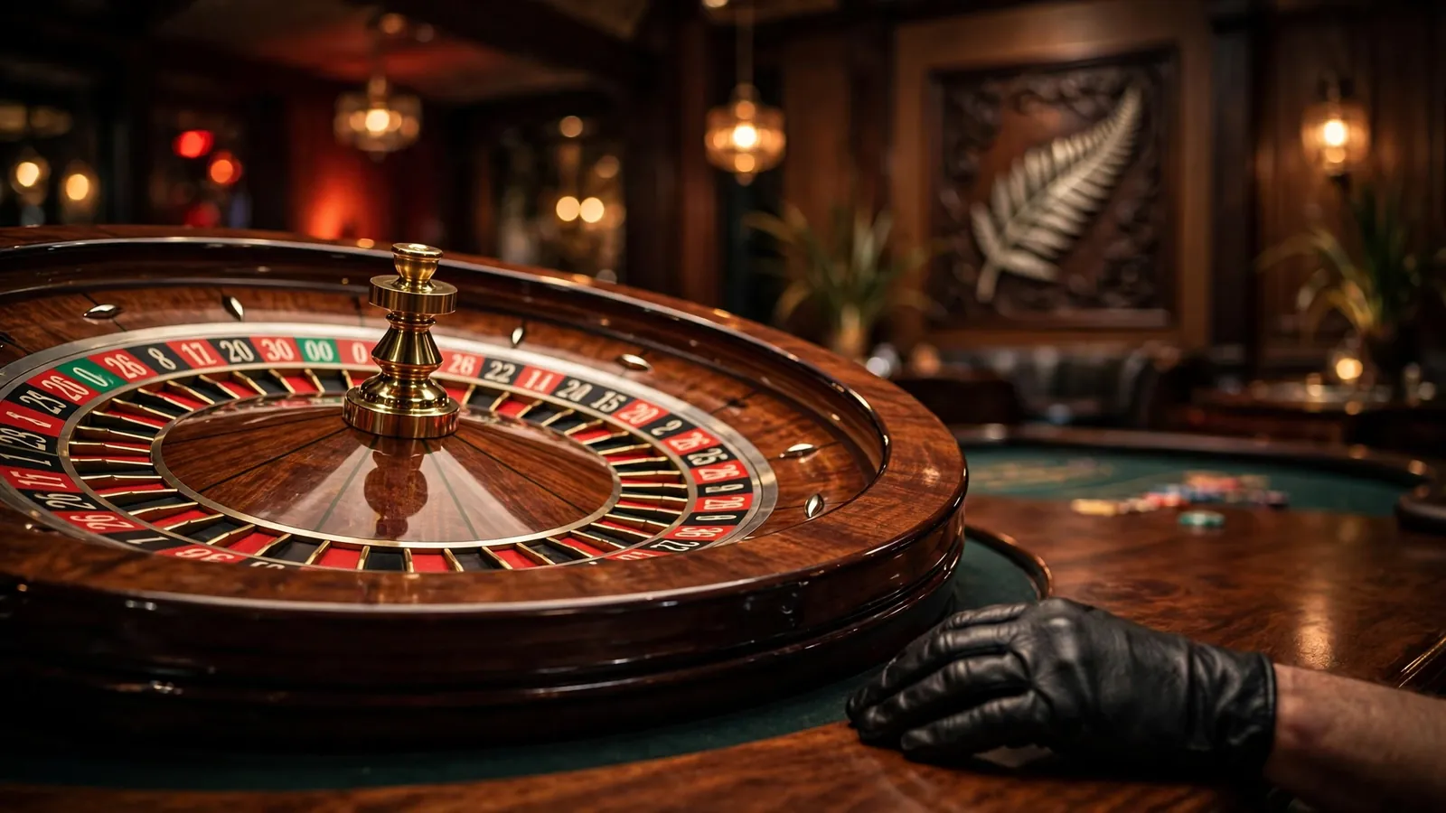 American roulette wheel on a casino table in an elegant New Zealand setting