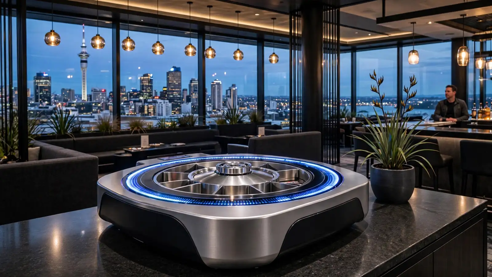 Automated roulette terminal in a modern New Zealand casino lounge at twilight