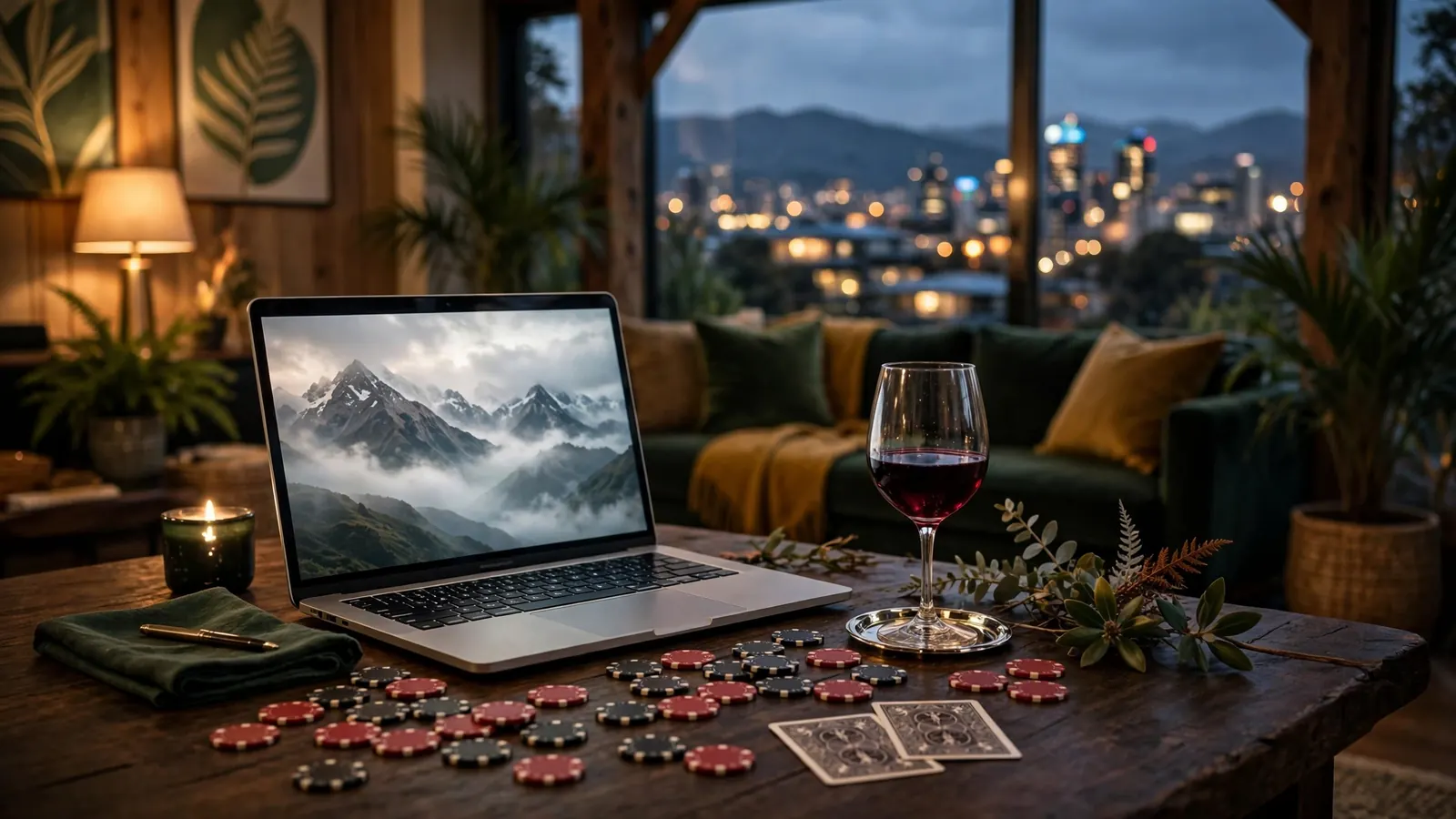 Elegant New Zealand home scene with laptop, casino chips and cards on table