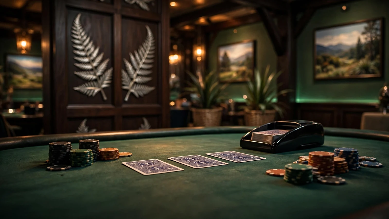 Elegant blackjack table scene in a New Zealand casino interior