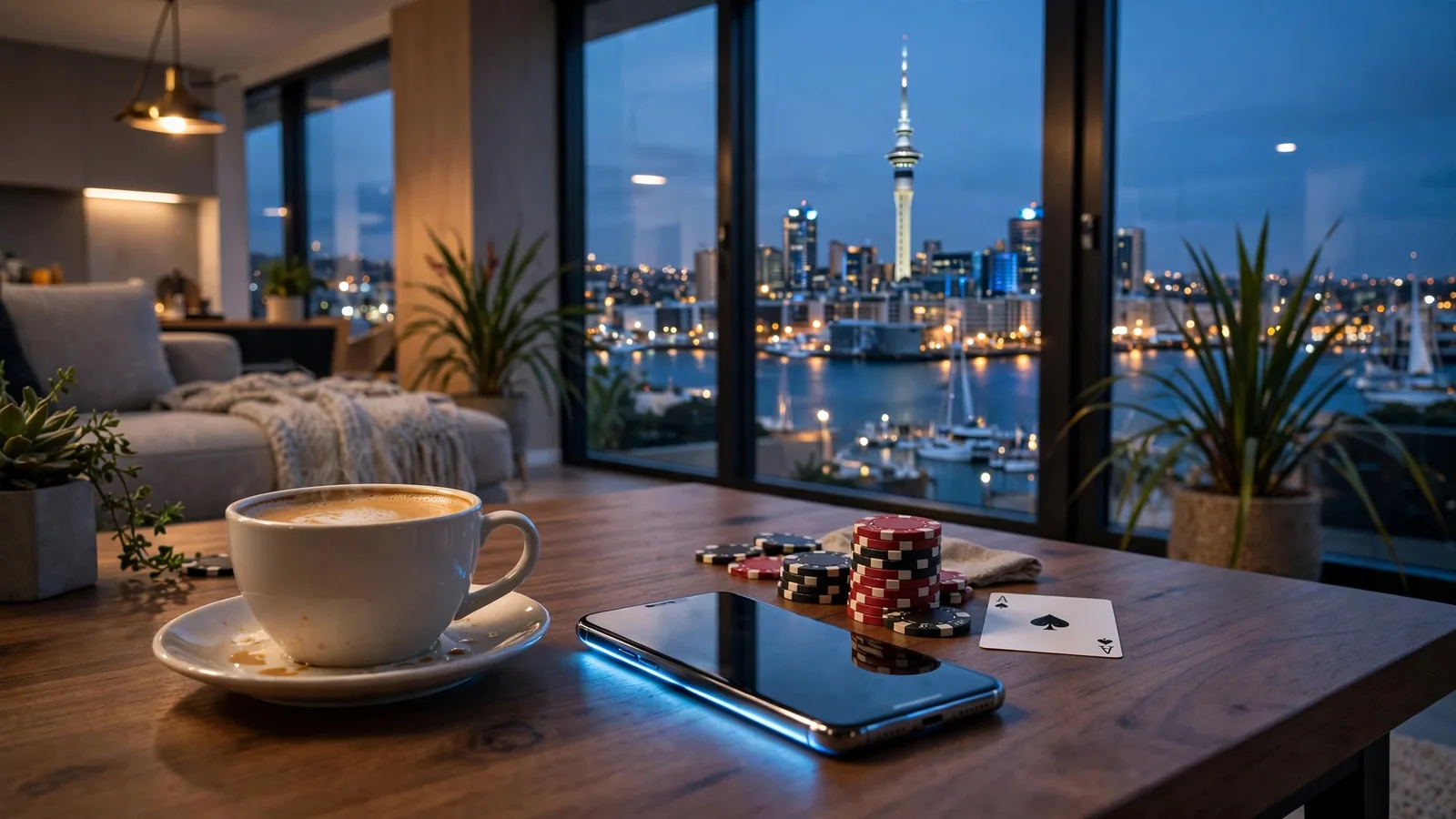 Smartphone on table with poker chips and Auckland skyline view at twilight