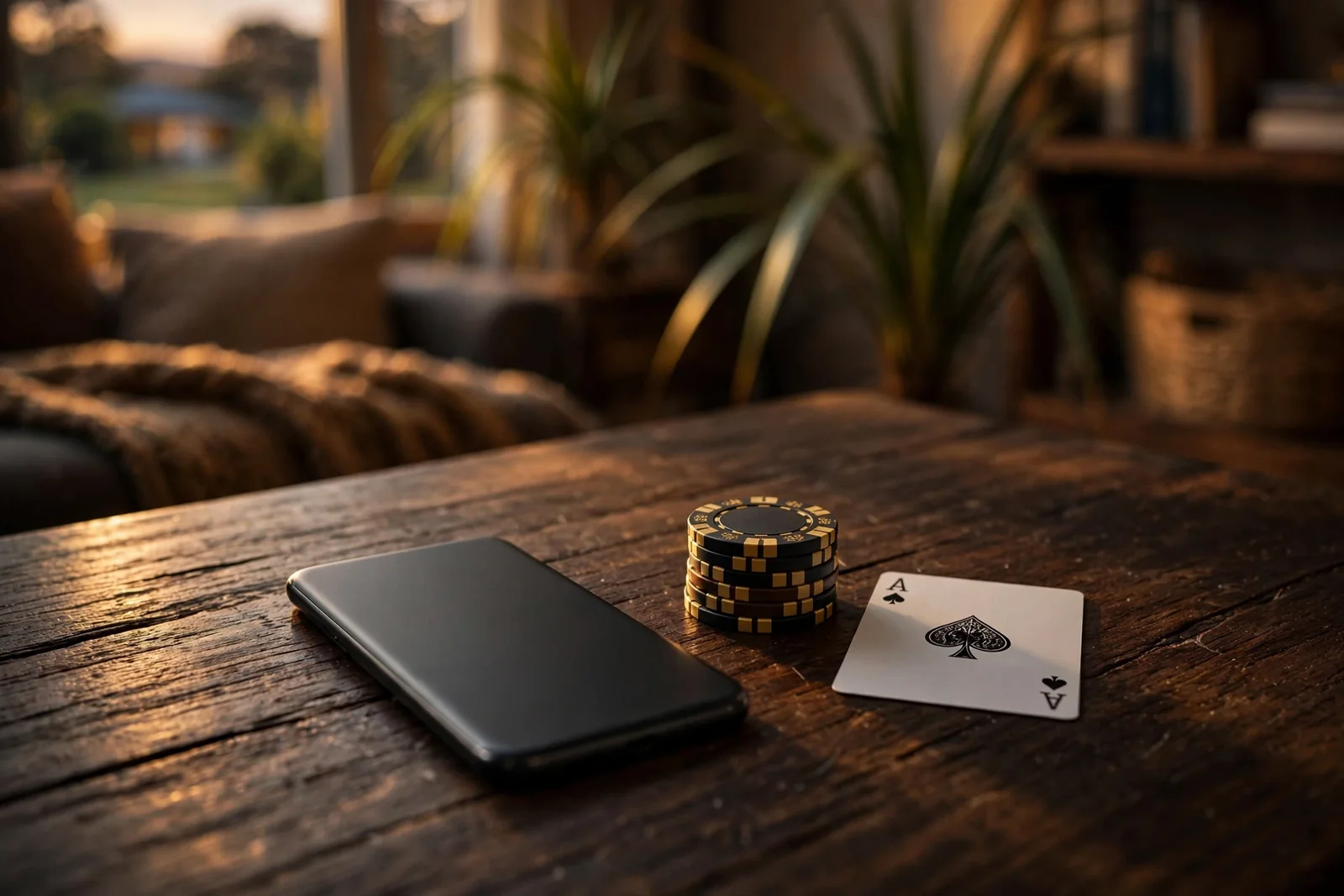 Smartphone on table with casino chips and playing card in warm ambient light