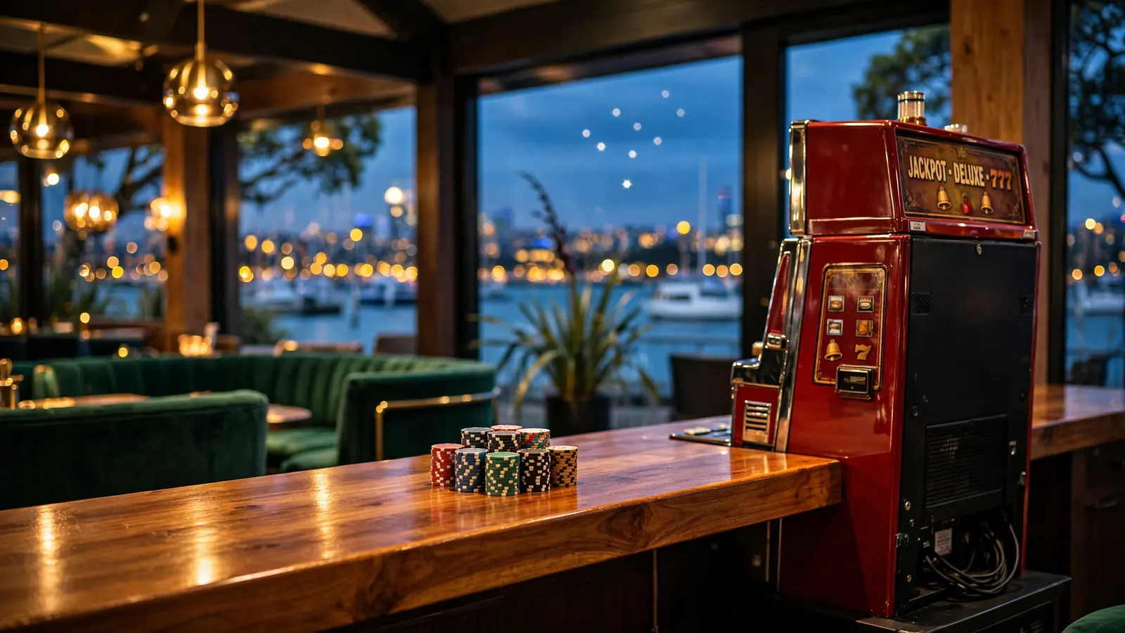 New Zealand casino lounge with chips and a slot machine at dusk