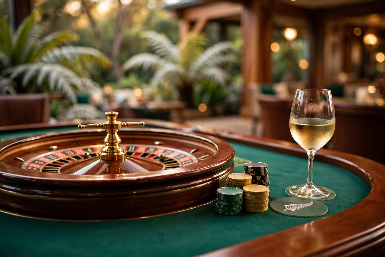 Elegant roulette wheel on a casino table with golden lighting and a New Zealand wine glass