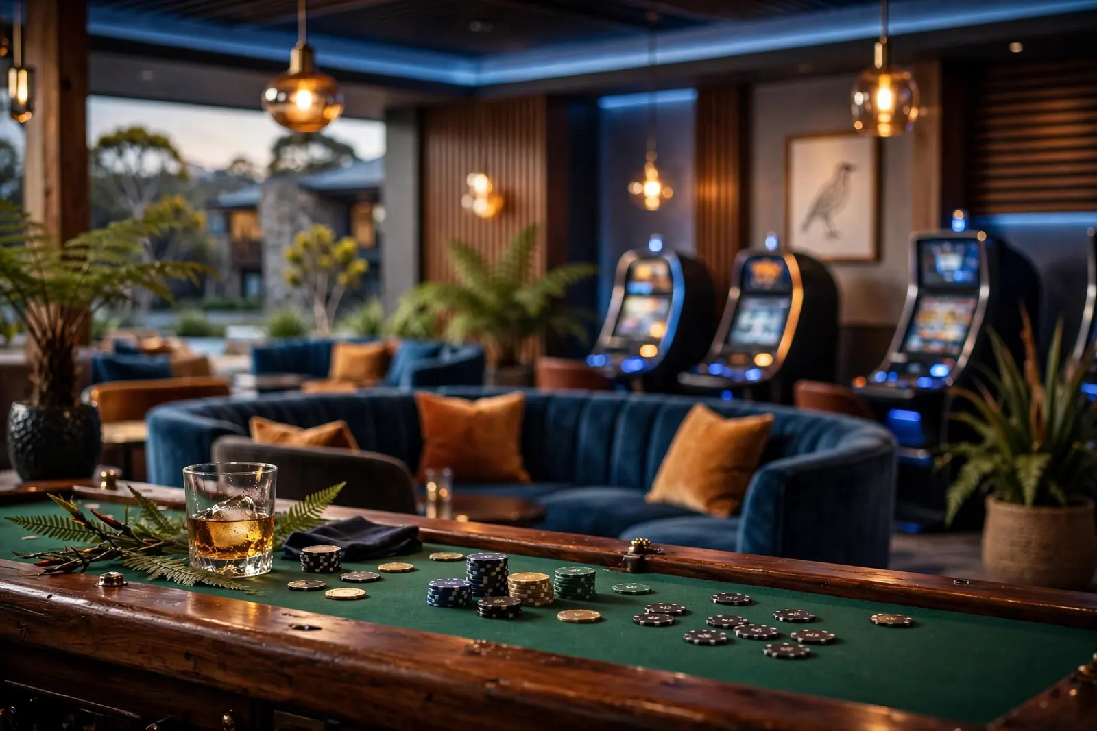 Upscale New Zealand casino lounge interior with mood lighting, plush seating, and chips on a bar counter.