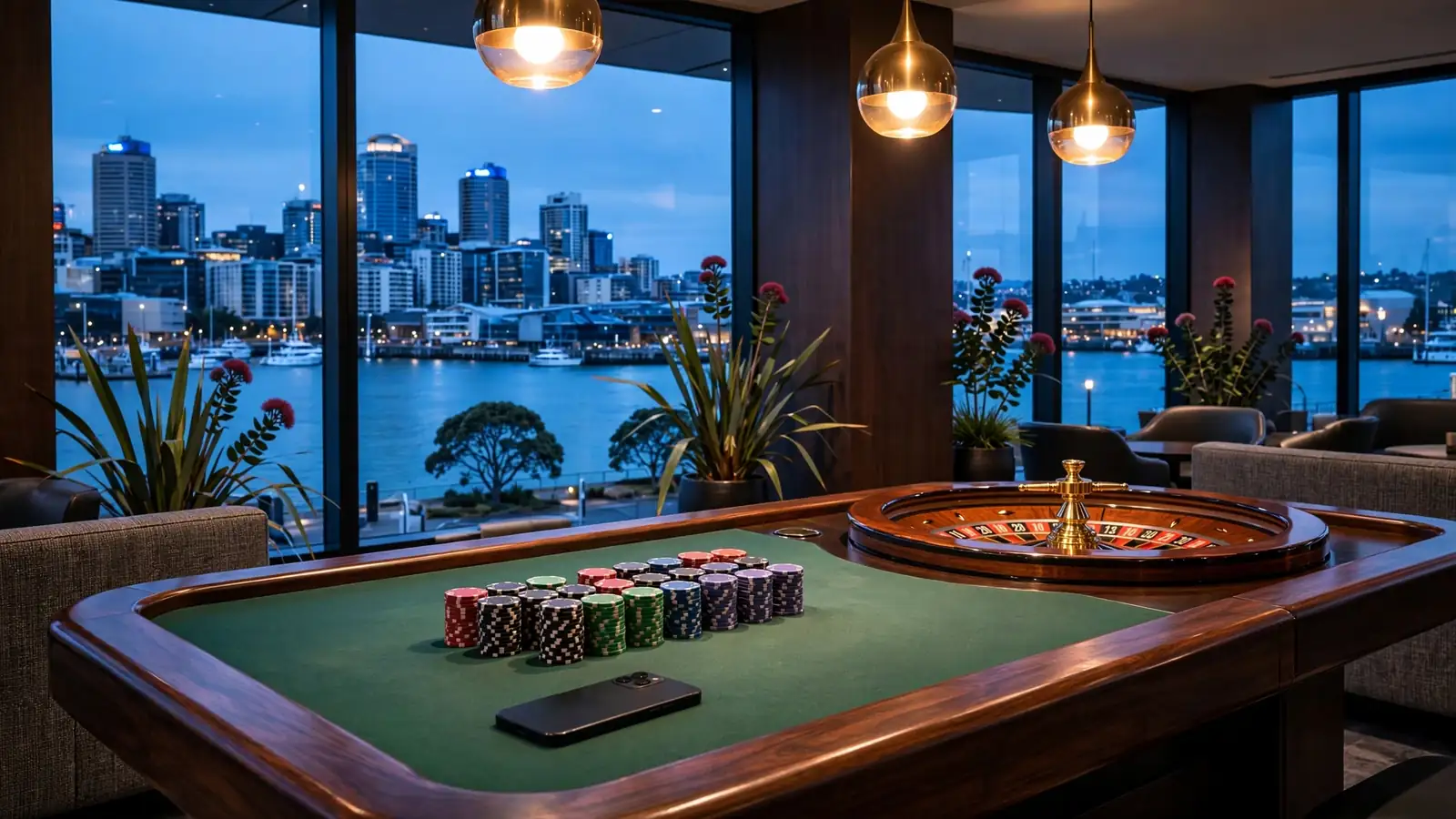 Auckland casino interior at dusk with roulette wheel, chips, and harbor skyline view.