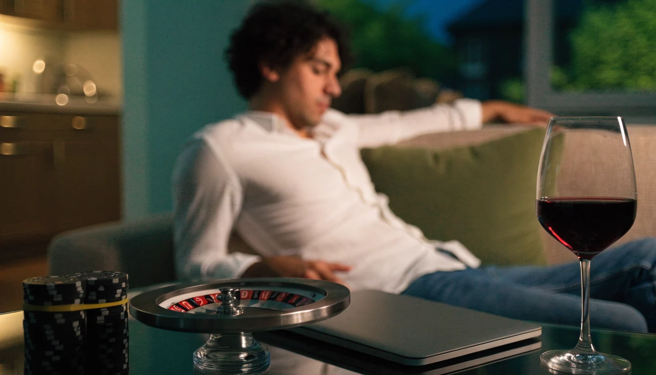 New Zealand player with casino chips and closed laptop at home
