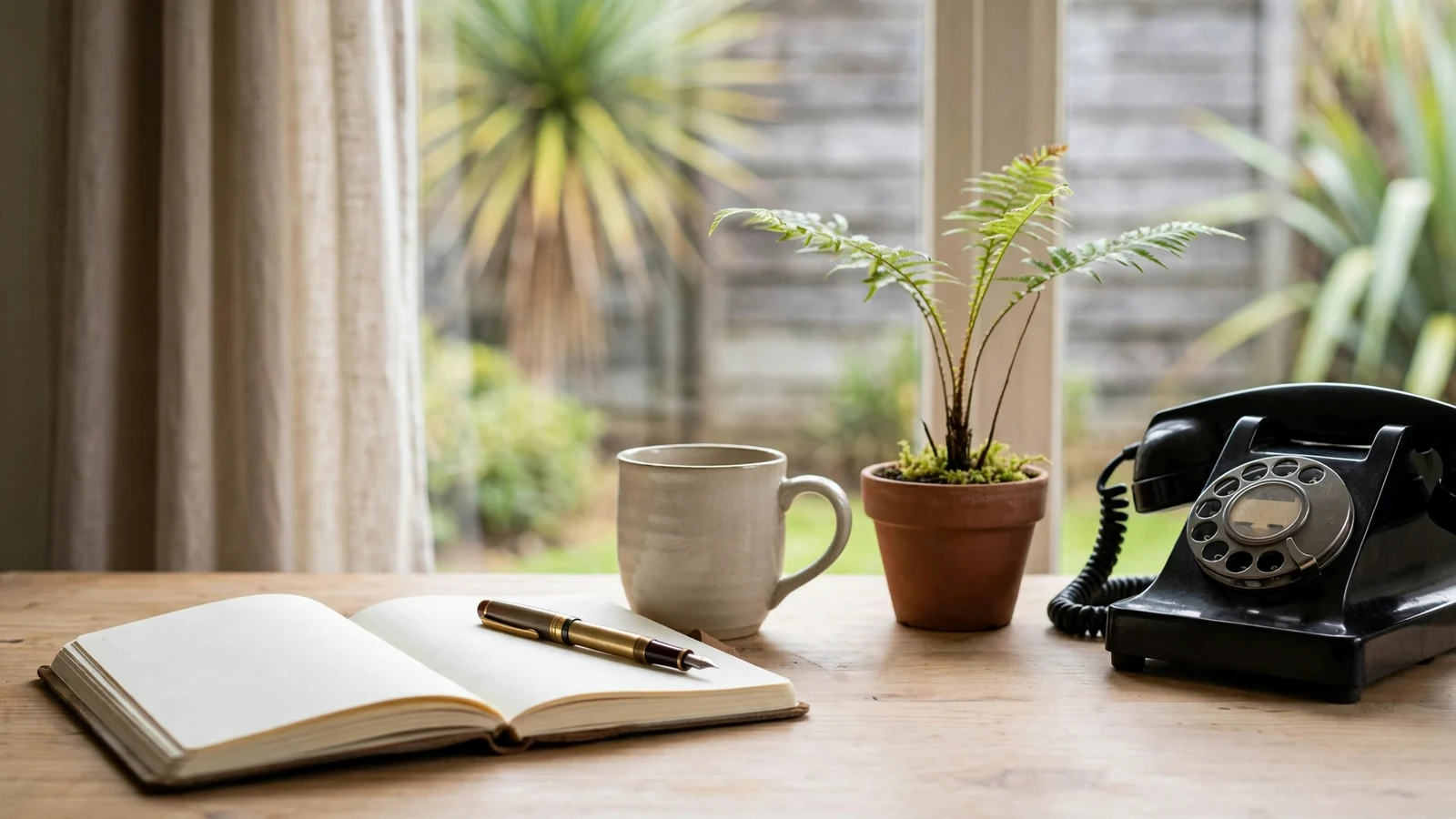 Notebook, pen, coffee mug, and fern on a wooden desk in New Zealand