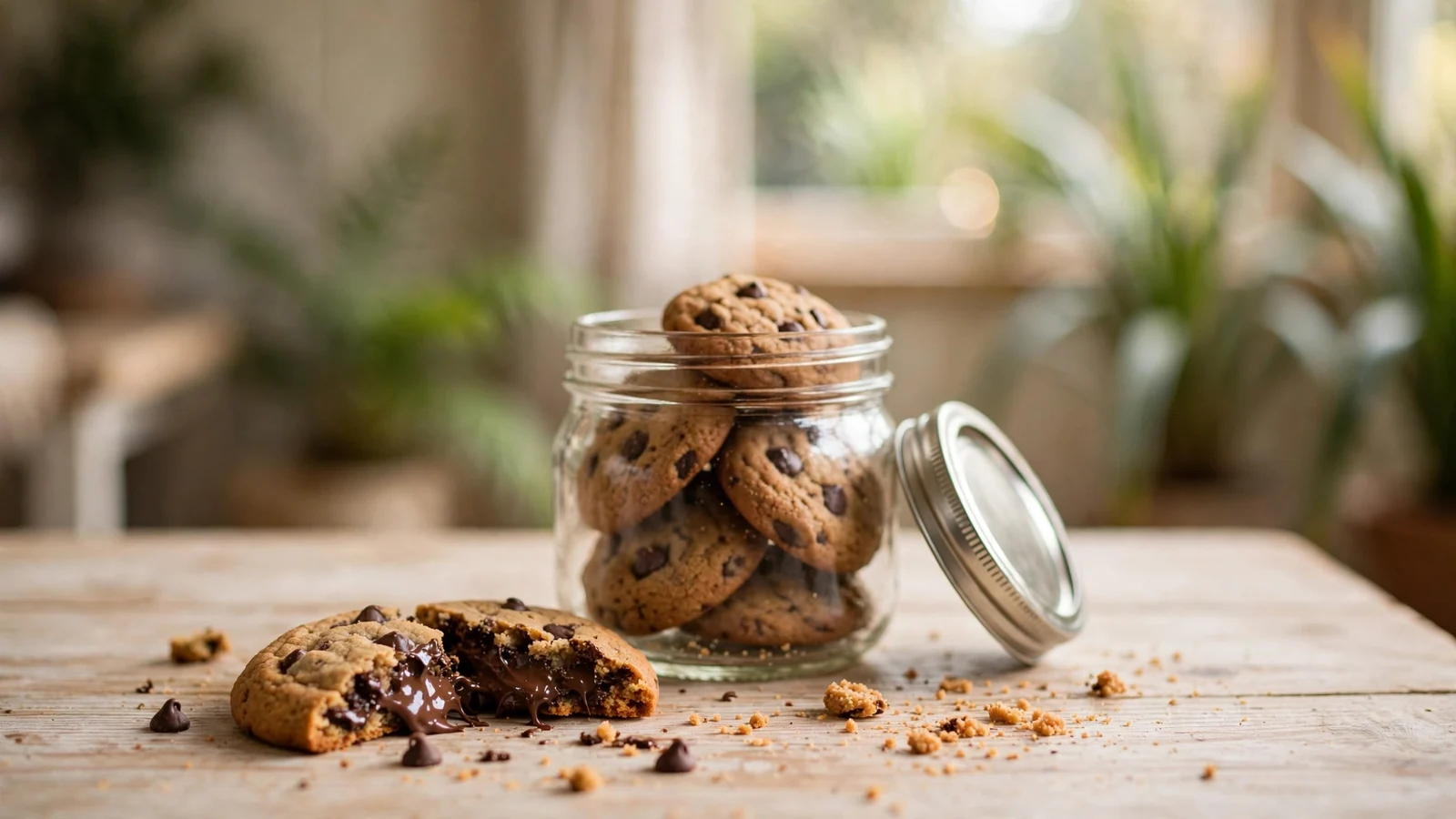 Glass jar of chocolate chip cookies on wooden table with broken cookie