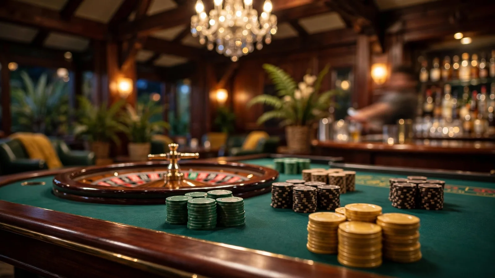 Casino roulette table with stacked chips in an elegant lounge