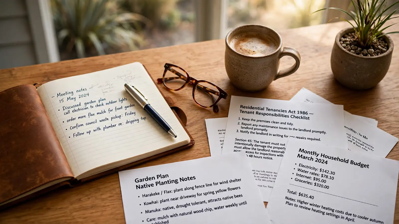 Open notebook, glasses, coffee cup, and documents on a wooden desk.