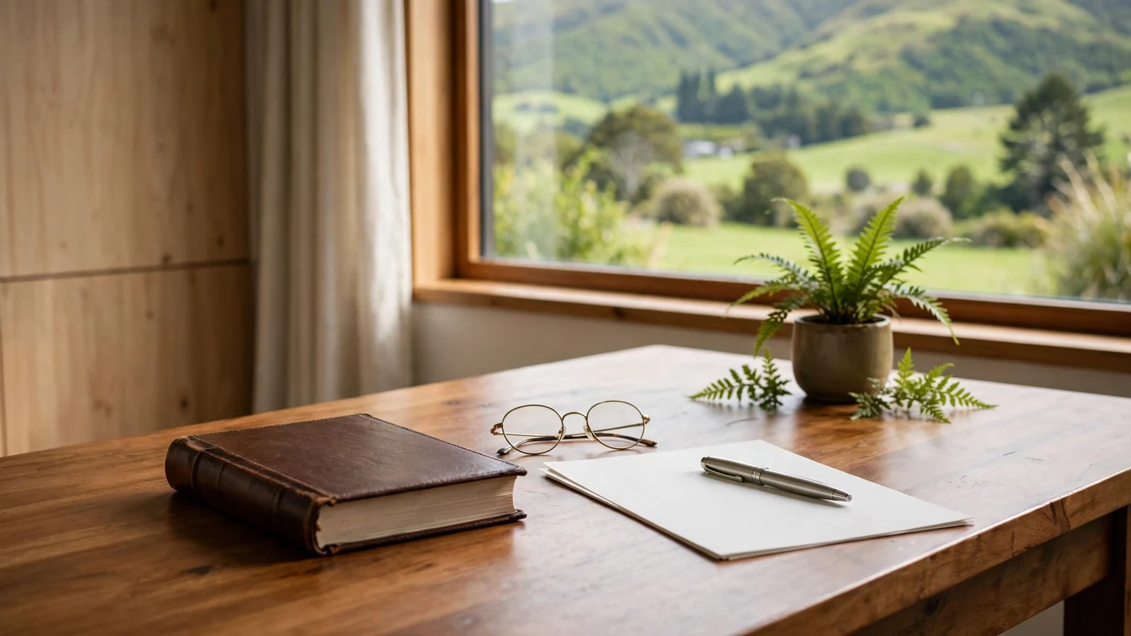Legal documents and glasses on a wooden desk with New Zealand landscape visible through a window.