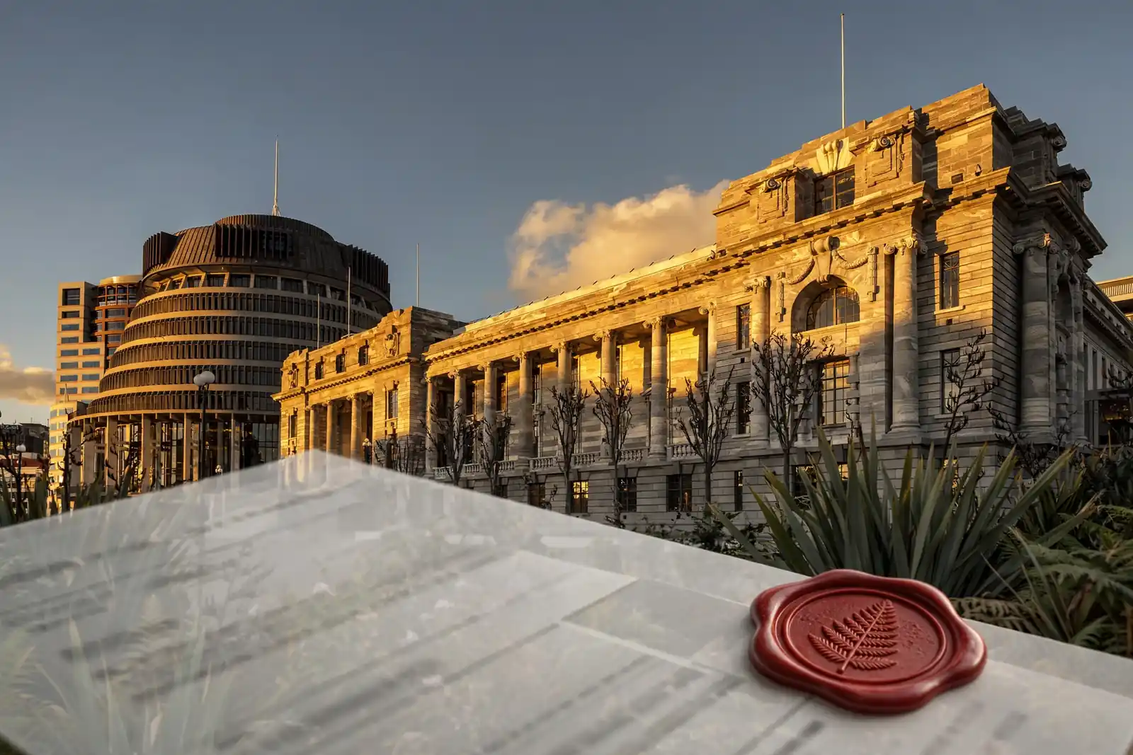 New Zealand Parliament at golden hour with a translucent licence document overlay.