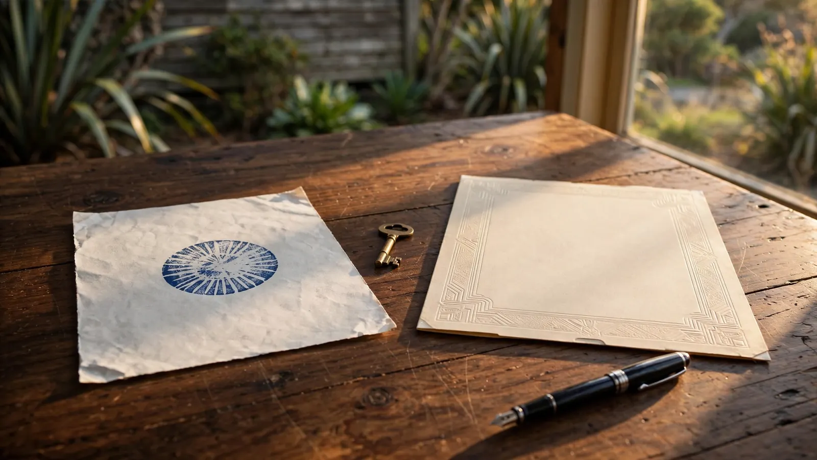 Desk with a temporary stamped paper, an empty certificate folder, and a brass key.