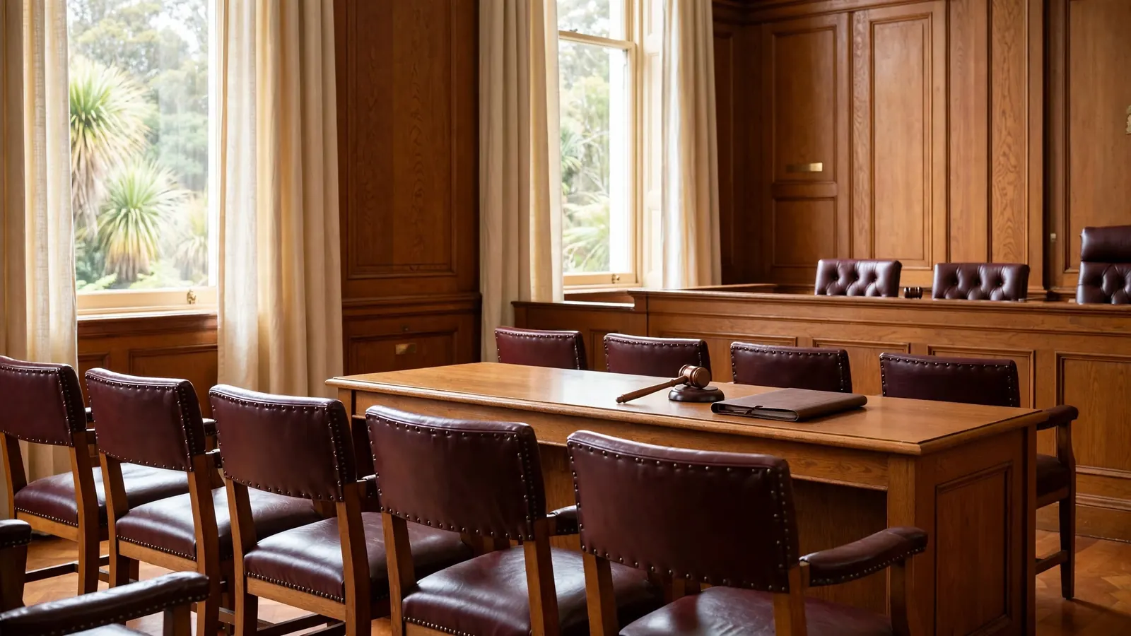 Empty New Zealand courtroom interior with a gavel on the bench.