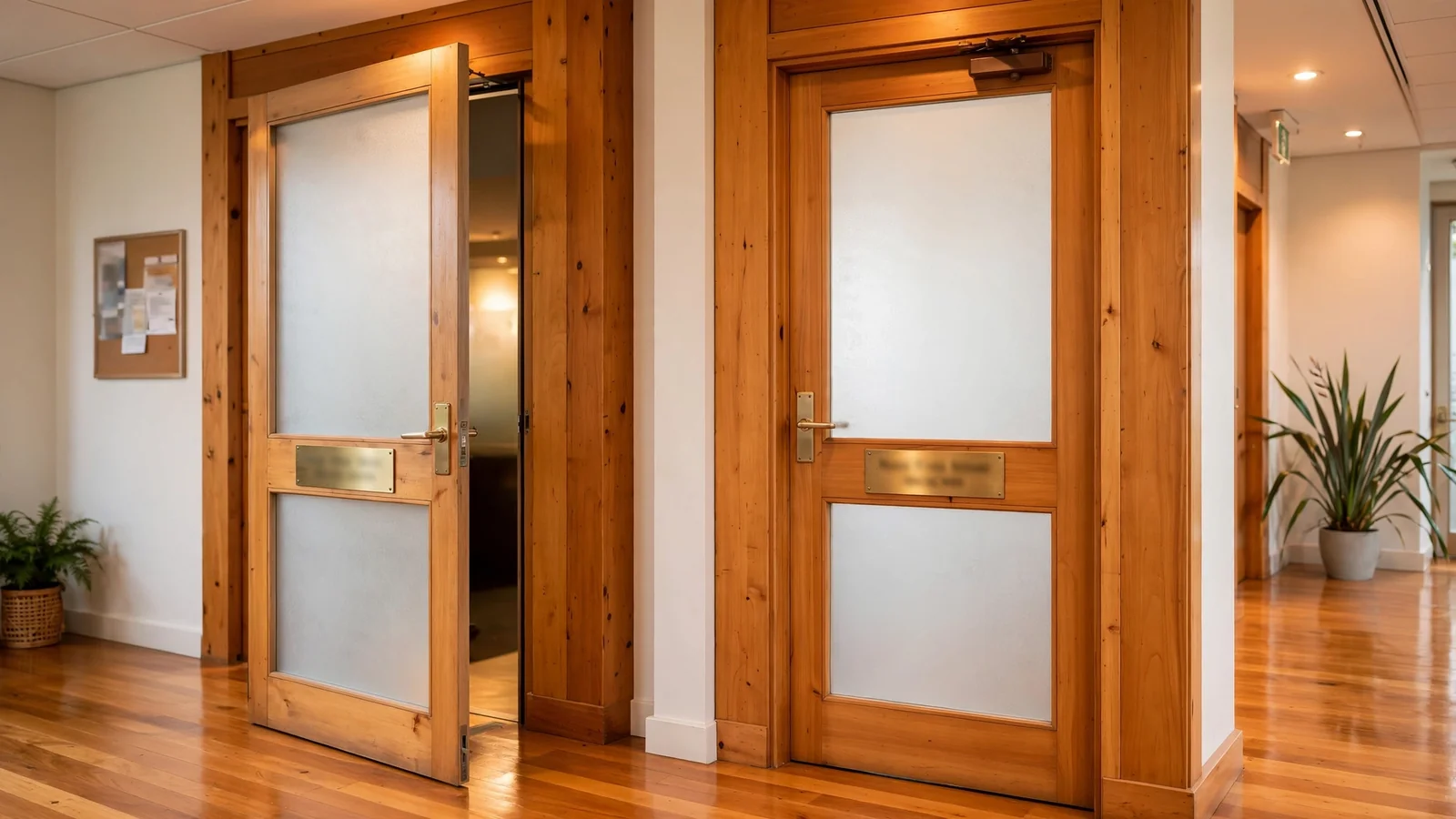 Two adjacent New Zealand government office doors with brass nameplates.