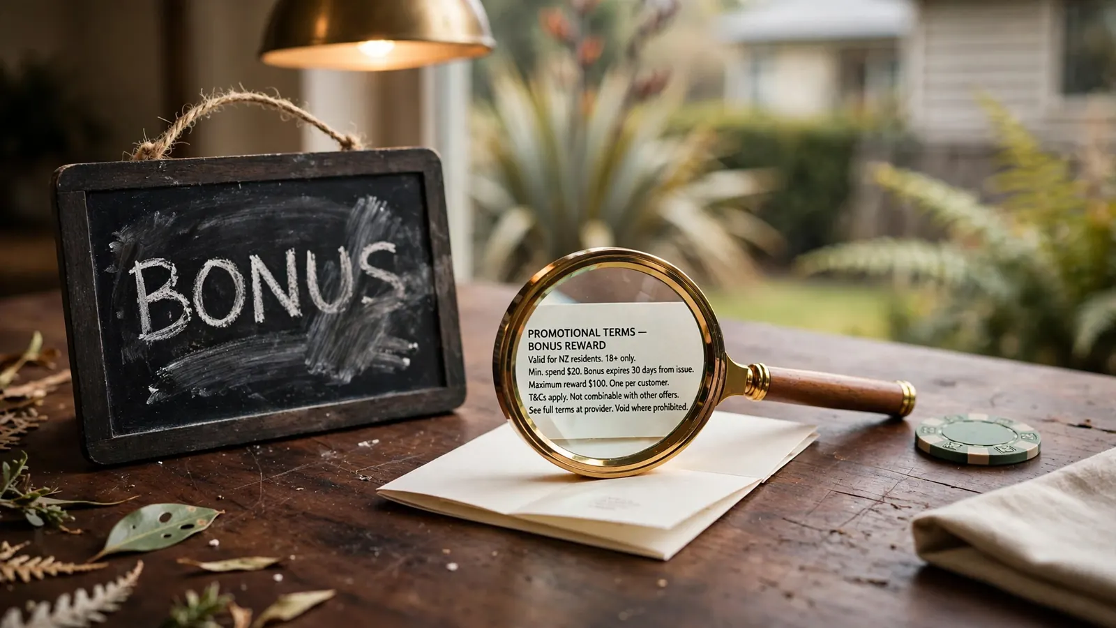 Smudged chalkboard bonus sign with a magnifying glass over fine-print terms.