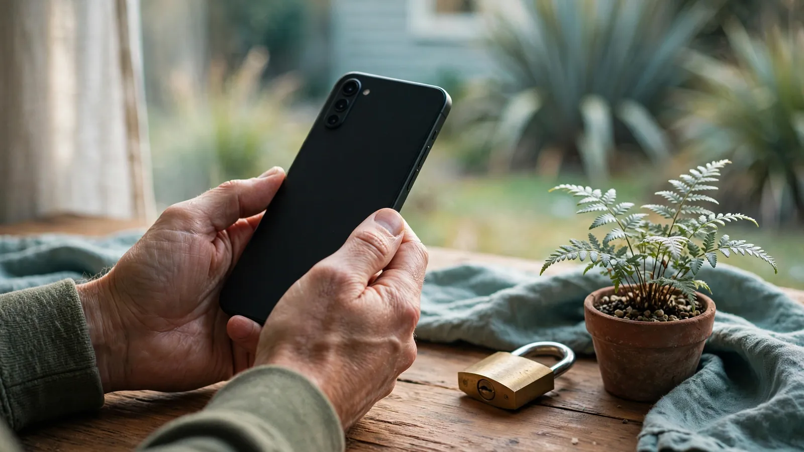 Hands holding a smartphone with screen turned away near a padlock and silver fern on a wooden desk.