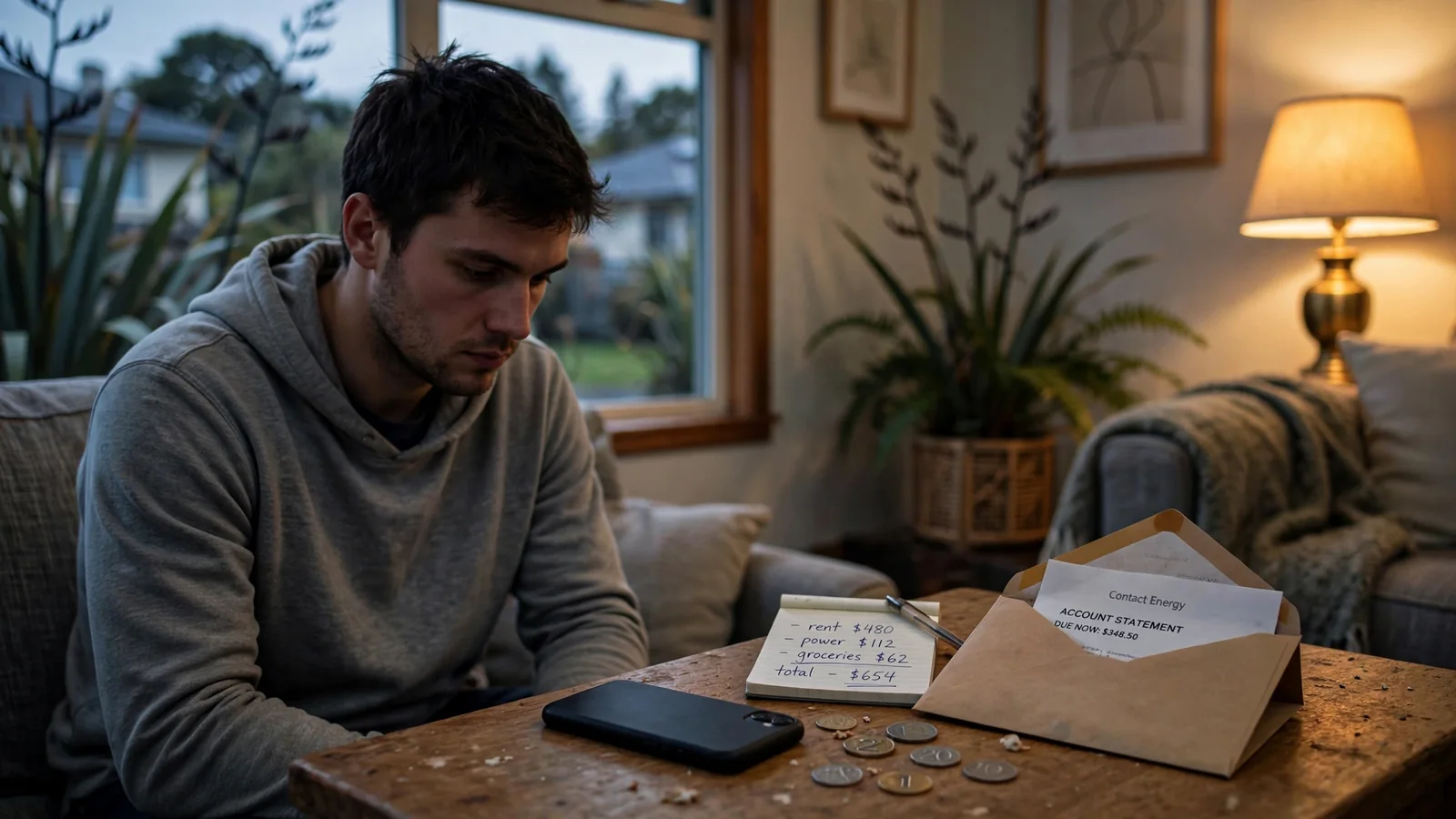 Person alone on sofa with phone face-down and scattered household items.