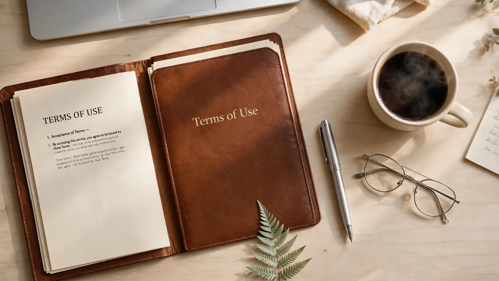 Flat-lay photo of Terms of Use document, pen, glasses, coffee and silver fern on a desk.